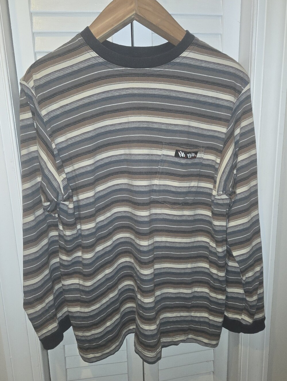 Vintage 90s No Fear Striped Long Sleeve Pocket T-Shirt Made in USA (Men’s L)